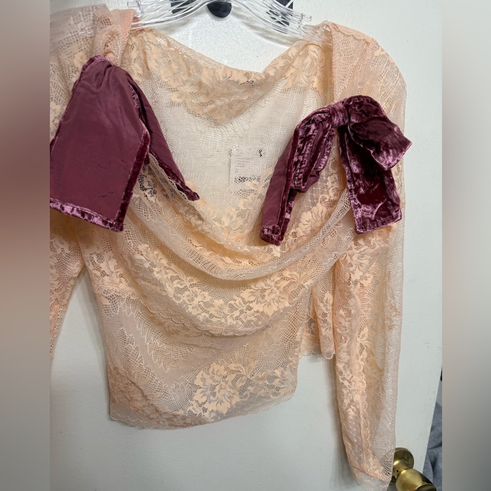 Free People Lace Top with Velvet Bows - Peach and Burgundy